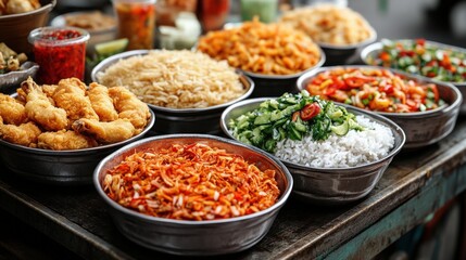 Obraz premium Assorted dishes in bowls at a food market. (1)