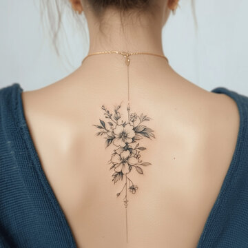 Beautiful floral tattoo on the back of a woman, highlighted by a delicate chain necklace