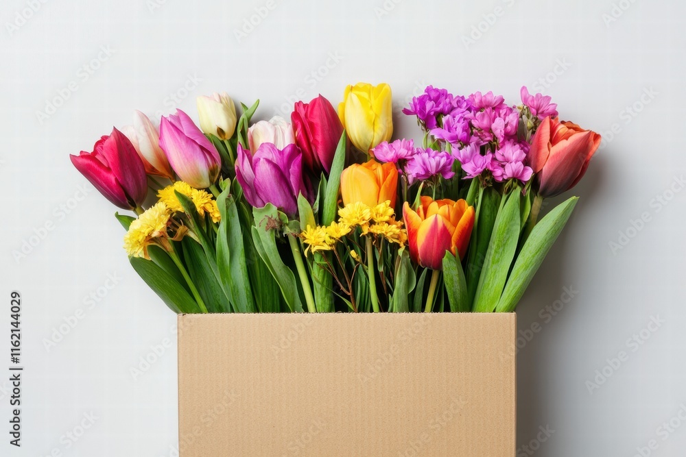 Poster Colorful fresh flowers arranged in a cardboard delivery box on a light background with mock up space. Generative AI