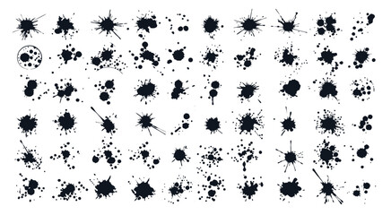 set black ink splatters different sizes shapes, splash stain drop spot