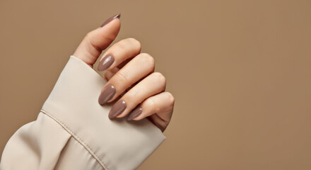 Elegant Nude Manicure on Women's Hand Set Against Neutral Background.Manicure in mocha mousse color of the year 2025.