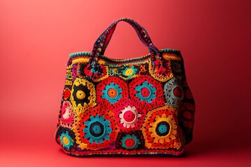Boho Crochet Handbag in Vibrant Colors on Neutral Background. AI generated illustration