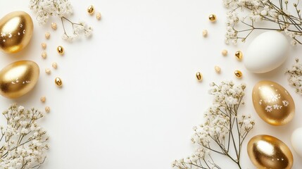 Golden easter egg frame isolated on white background with minimalist design, featuring decorated eggs in metallic gold shades, perfect for happy easter greeting cards, holiday invitations, and seasona