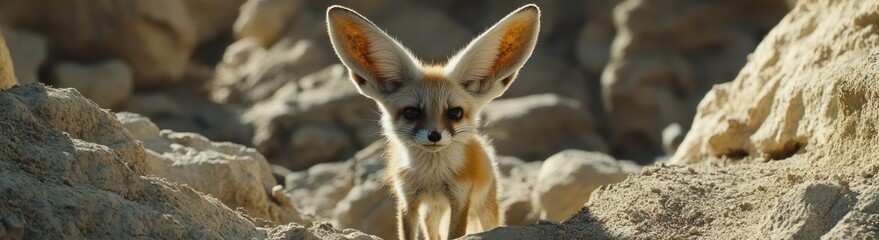 Obraz premium Fennec Fox Kit Among Desert Rocks