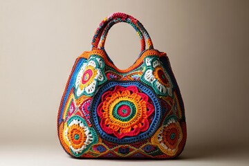 Boho Crochet Handbag in Vibrant Colors on Neutral Background. AI generated illustration