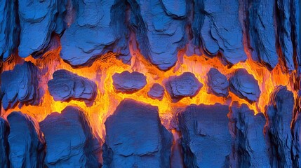Molten Lava Flowing Through Volcanic Rock Crevices