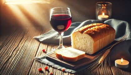 Bread and Red Wine in Glass - Communion - The Lord's Supper and Holy Bible - Blood and Body Embodiment - Sacrament - Christian Ritual - Wallpaper or Background for Religion