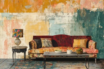 Minimalist interior design with vintage sofa and colorful abstract art