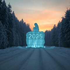 Ice sculpture of 2025 on a snowy road in a forest at sunset
