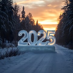 Ice sculpture of 2025 on a snowy road in a forest at sunset