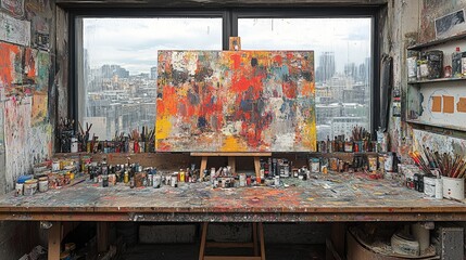 Abstract painting on easel in artist's studio overlooking city.