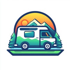 Campervan illustration, mountains, sunset, trees, travel, adventure.