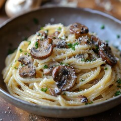 An exquisite serving of the most delicious creamy spaghetti carbonara with sauteed mushrooms,...