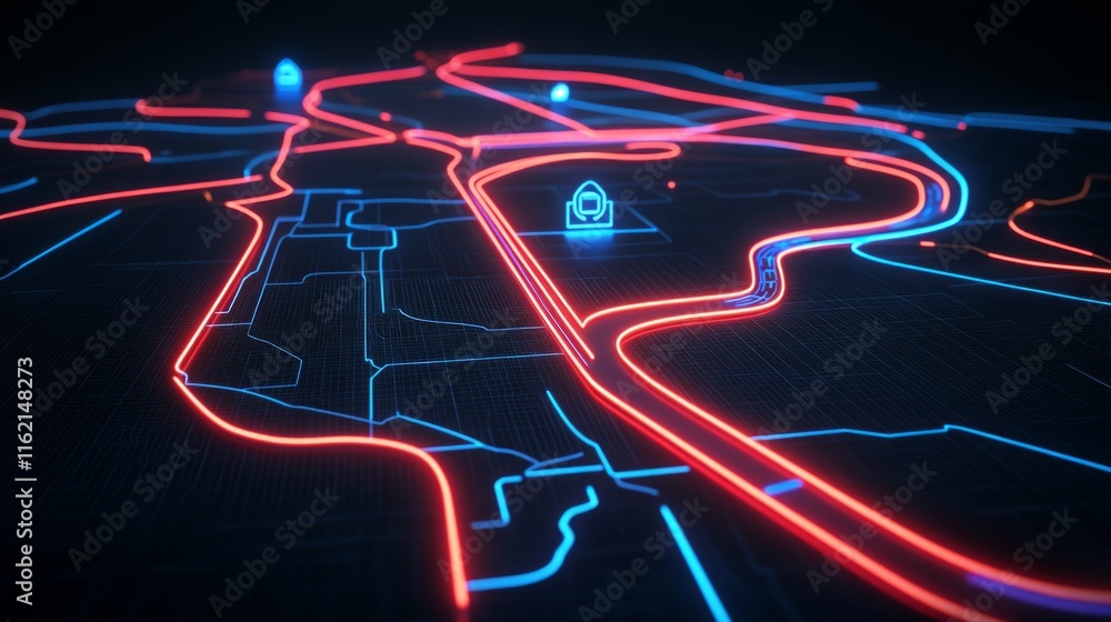 Poster Neon Cityscape Futuristic Navigation System Map