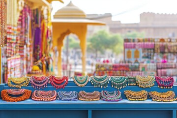 Fototapeta premium Colorful jewelry display at an outdoor market in Jodhpur. AI generated illustration