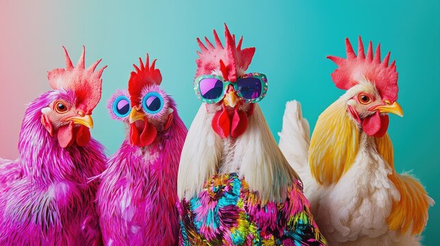 Three Stylish Roosters in Vibrant Colors and Sunglasses