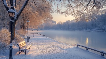 Snowy park scene at sunrise with a calm lake, snow-covered trees, benches, and lampposts.