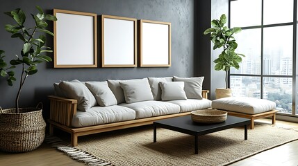 Modern minimalist living room with light beige sofa, wooden coffee table, three blank frames, and large window overlooking city.