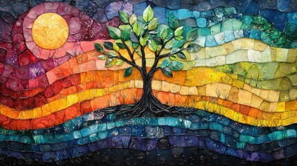 Colorful mosaic tree against a vibrant sunset backdrop.