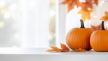 Two vibrant pumpkins with autumn leaves on a white surface.