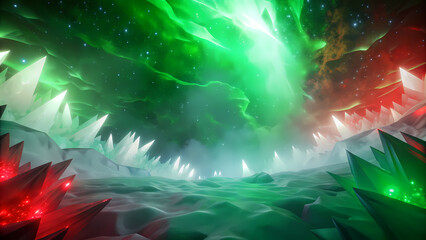 Futuristic crystalline forest bathed in swirling green and red luminescence Bosque de cristal futurista bañado en luminiscencia verde y roja en movimiento