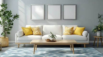 Modern living room interior with white sofa, yellow pillows, wooden coffee table, and blue rug. Three blank frames on the wall. Sunlight streams through window.