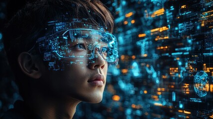 Young person with futuristic glasses amidst digital data.