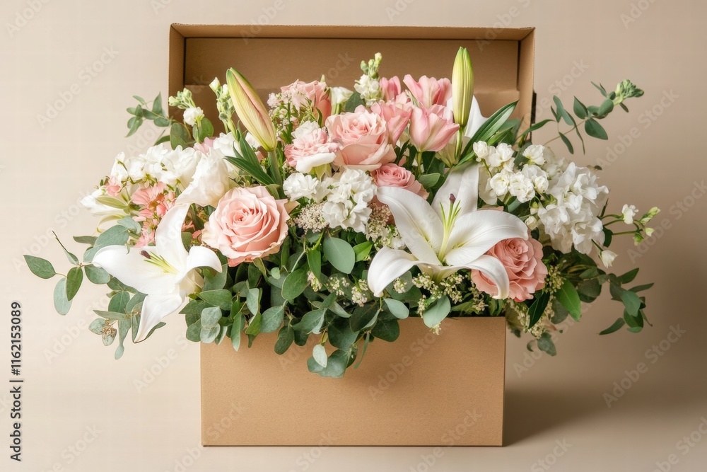 Aufkleber Delivery box in mocha mousse filled with fresh flowers creating a charming display for any occasion. Generative AI