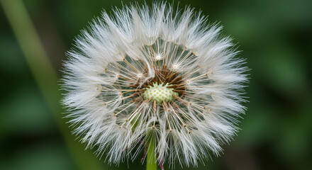 A close-up of a fluffy dandelion seed head with intricate white fibers against a blurred green background.