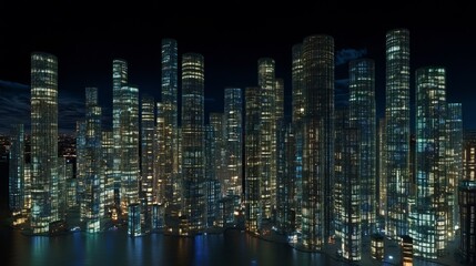 Obraz premium Night Cityscape Illuminated Towers and Reflecting Waters