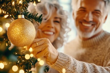 Loving senior couple joyfully decorating a Christmas tree together at home with warm lights and cherished ornaments