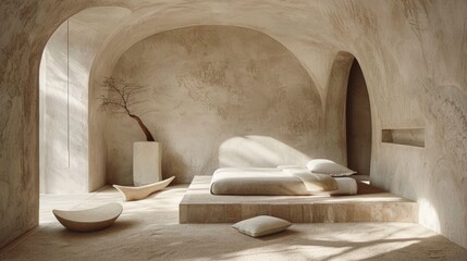 Minimalist bedroom interior with arched walls, sunlight, beige tones, platform bed, and simple decor.