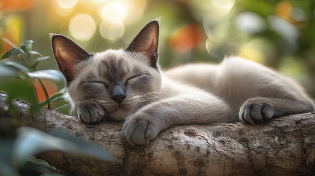 Siamese cat sleeping peacefully on tree branch in lush garden