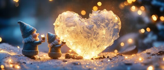 Obraz premium Valentine Gnomes Ice Sculpting Heart Winter Wonderland Creative Art
