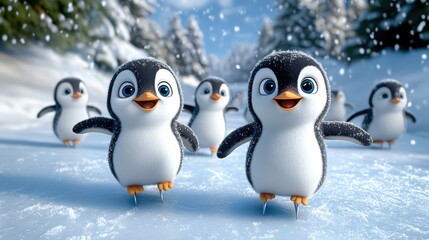Fototapeta premium Adorable penguins ice skating in snowy winter landscape.