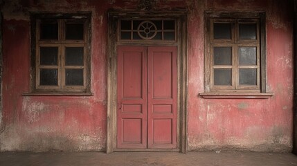 Old Red Building with Wooden Doors and Windows