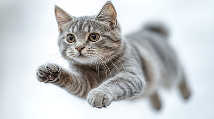 sleek gray shorthair cat mid leap, its body stretched in excitement