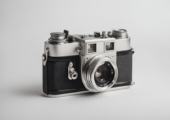 Vintage 35mm Film Camera without Lens Flat Lay on white light background
