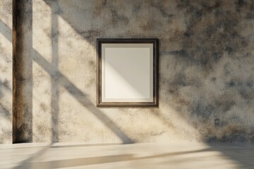 An empty frame hangs on a textured wall, illuminated by natural light pouring through large...