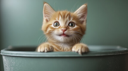 small ginger kitten peeking out from green container, looking curious and playful