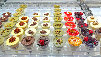 Variety of desserts with chocolate, nuts, caramel in glass. Pistachio cream and breakfast. Traditional cuisine. 
