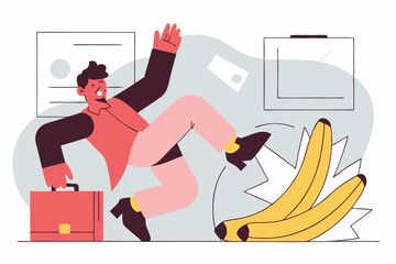 Ai generates hilarious workplace mishap businessman slips on bananas office setting cartoon style humorous concept