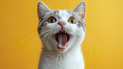 Startled white cat mid yowl with wide open mouth against yellow background