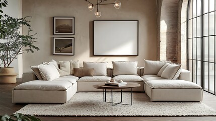 Modern sectional sofa in a spacious living room with large windows, neutral color palette, and stylish decor.