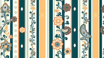 Trendy stylish Vertical Striped floral pattern with paisley and indian flower motifs. damask modern style pattern , Design for fashion , fabric, textile, wallpaper , wrapping and all prints