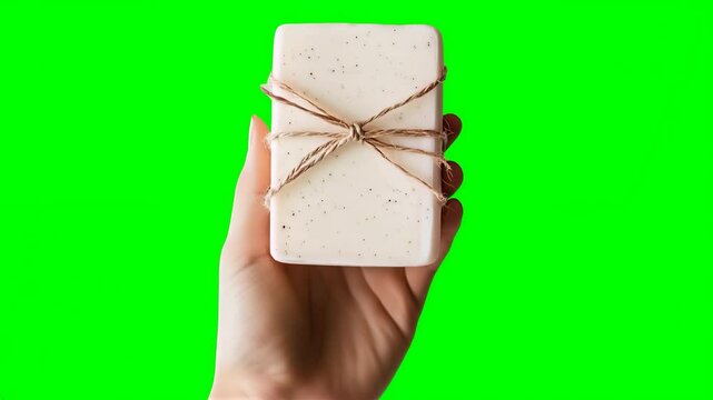 Handheld white soap bar wrapped in twine against a green backdrop