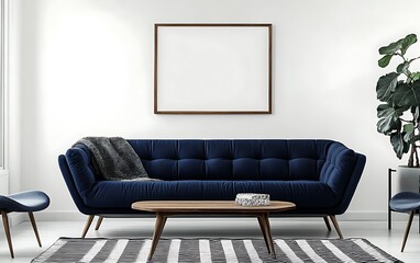 Modern living room interior with navy blue sofa, wooden coffee table,  blank frame, and striped rug.