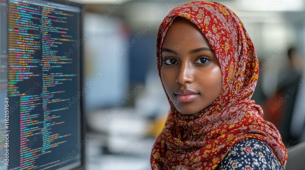 Poster woman in hijab working with computer code.