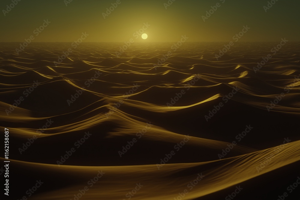 Poster a serene desert scene with endless dunes, each casting long shadows under the golden sun. --ar 3:2 -