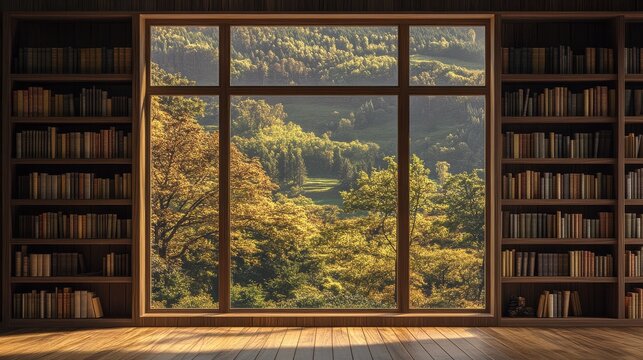 scenic bookshelf background interior home office library study with window views of trees and rolling hills teams backdrop. Rustic wood in cozy room. Virtual online presentation meeting room.
